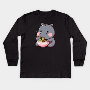 Cute hippo eat Ramen Kids Long Sleeve T-Shirt